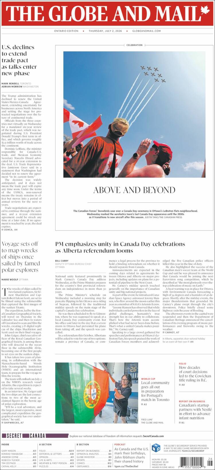 Portada de The Globe and Mail (Canad&aacute;)
