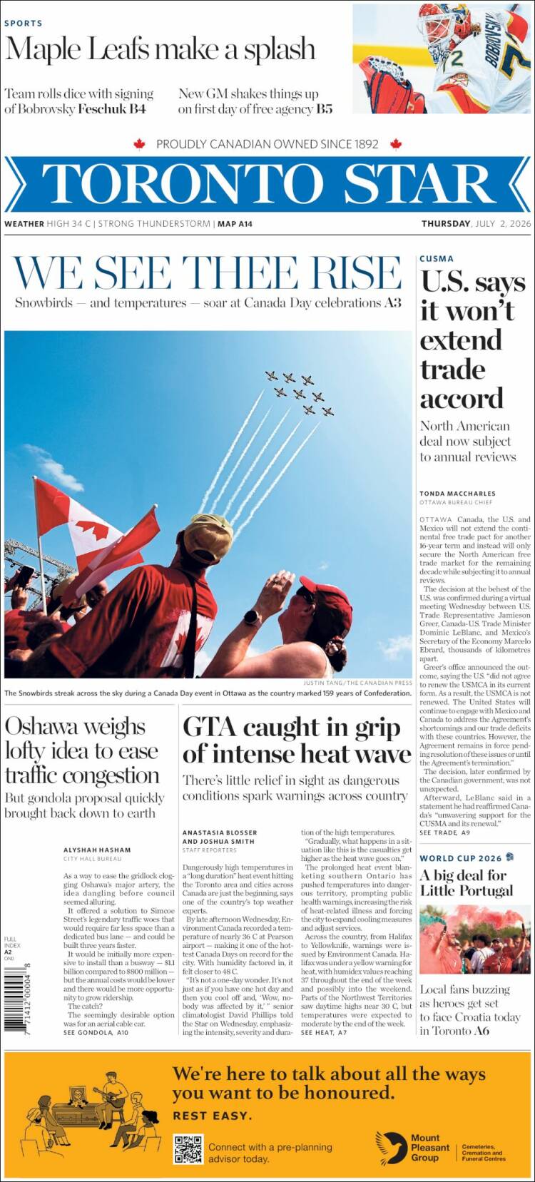 Portada de The Toronto Star (Canad&aacute;)