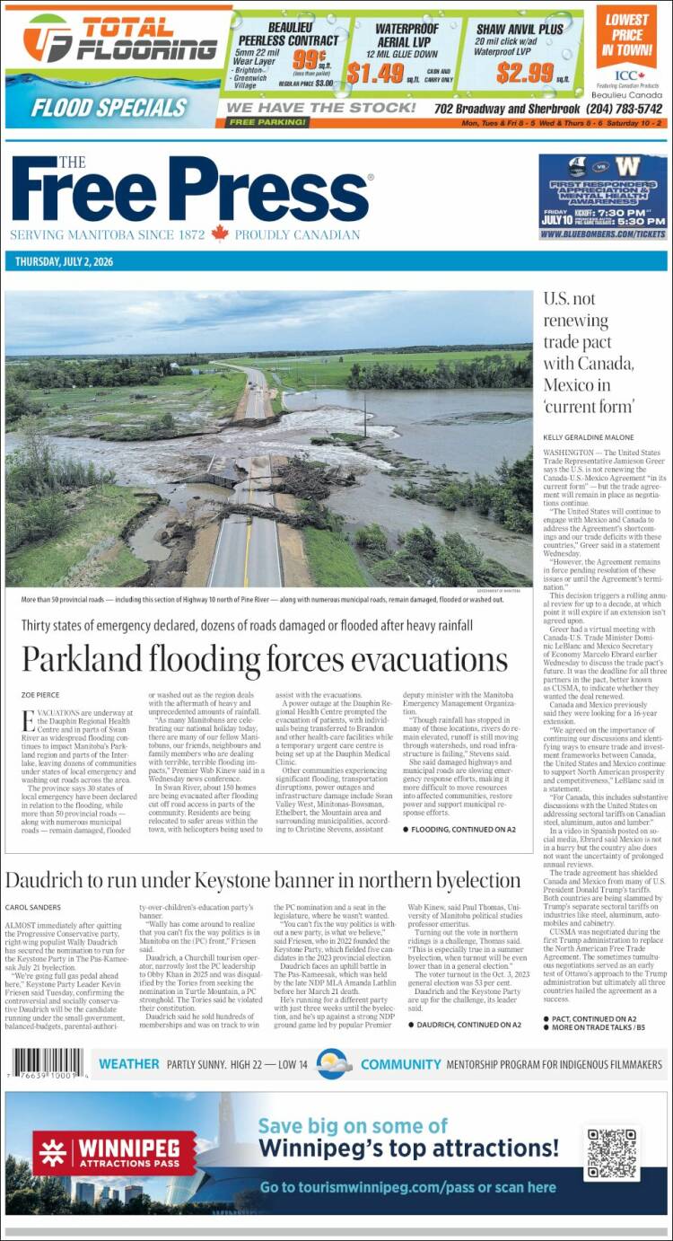 Portada de Winnipeg Free Press (Canad&aacute;)