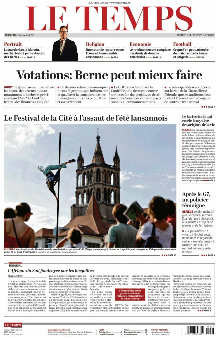 Portada de Le Matin (Suiza)