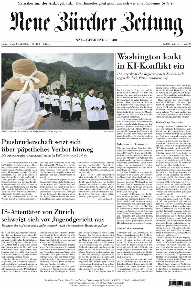 Portada de Neue Zürcher Zeitung (Suiza)