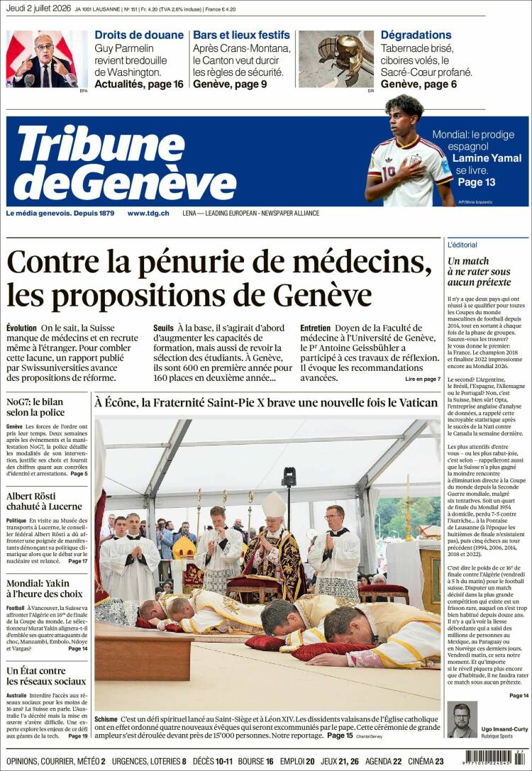 Portada de La Tribune de Genève (Suiza)