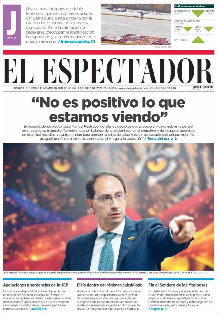 Portada de El Espectador (Colombia)
