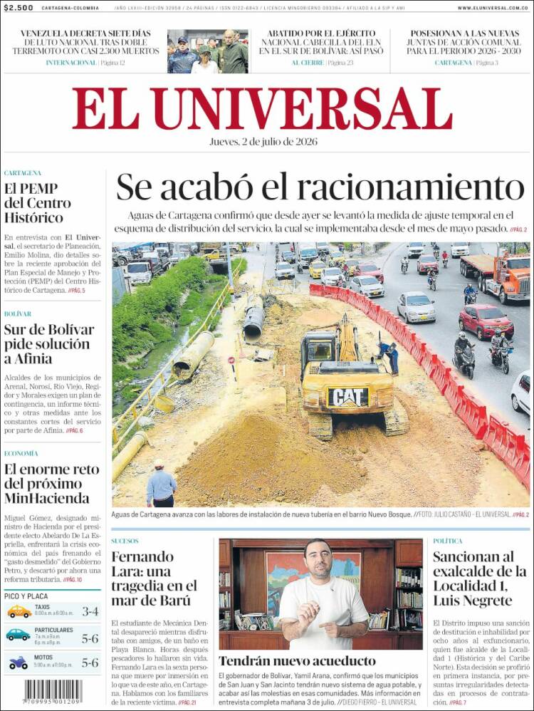 Portada de El Universal (Colombia)