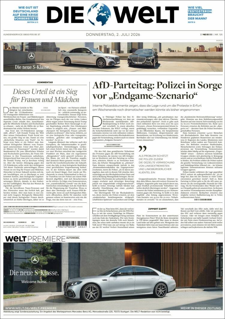 Portada de Die Welt (Alemania)