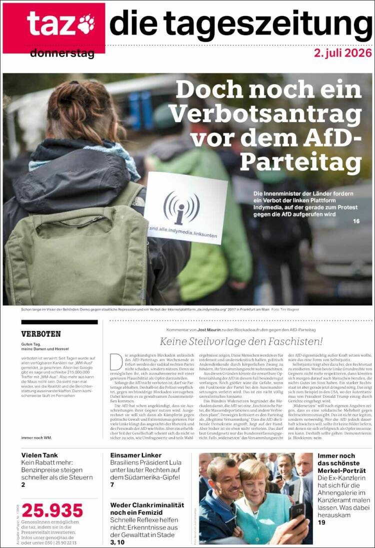 Portada de Die Tageszeitung (Alemania)