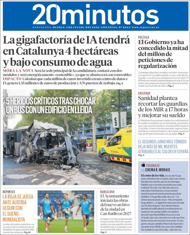 Portada de 20 Minutos - Barcelona (Espa&ntilde;a)