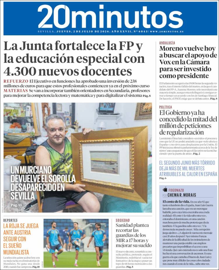 Portada de 20 Minutos - Sevilla (Espa&ntilde;a)