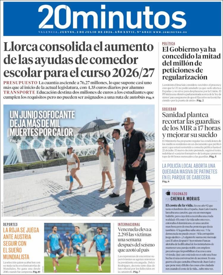 Portada de 20 Minutos - Valencia (Espa&ntilde;a)