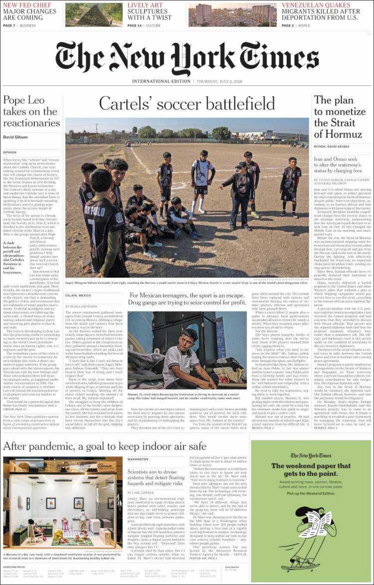 Portada de International New York Times (Europa)