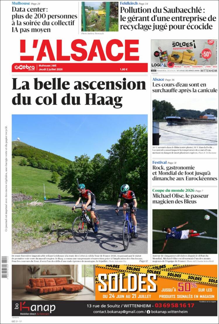 Portada de Journal L'Alsace (Francia)