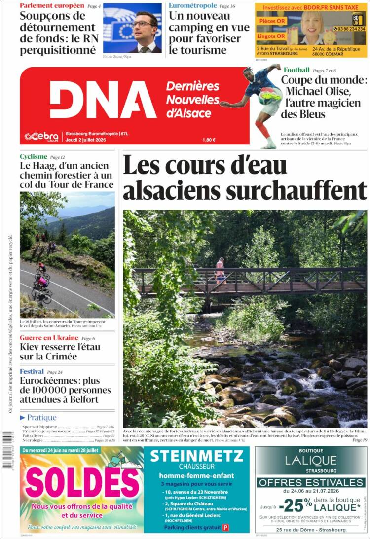 Portada de Les Dernières Nouvelles d'Alsace (Francia)