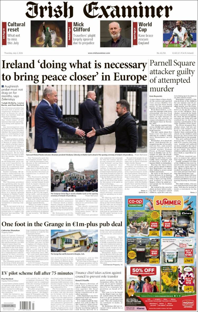 Portada de Irish Examiner (Irlanda)