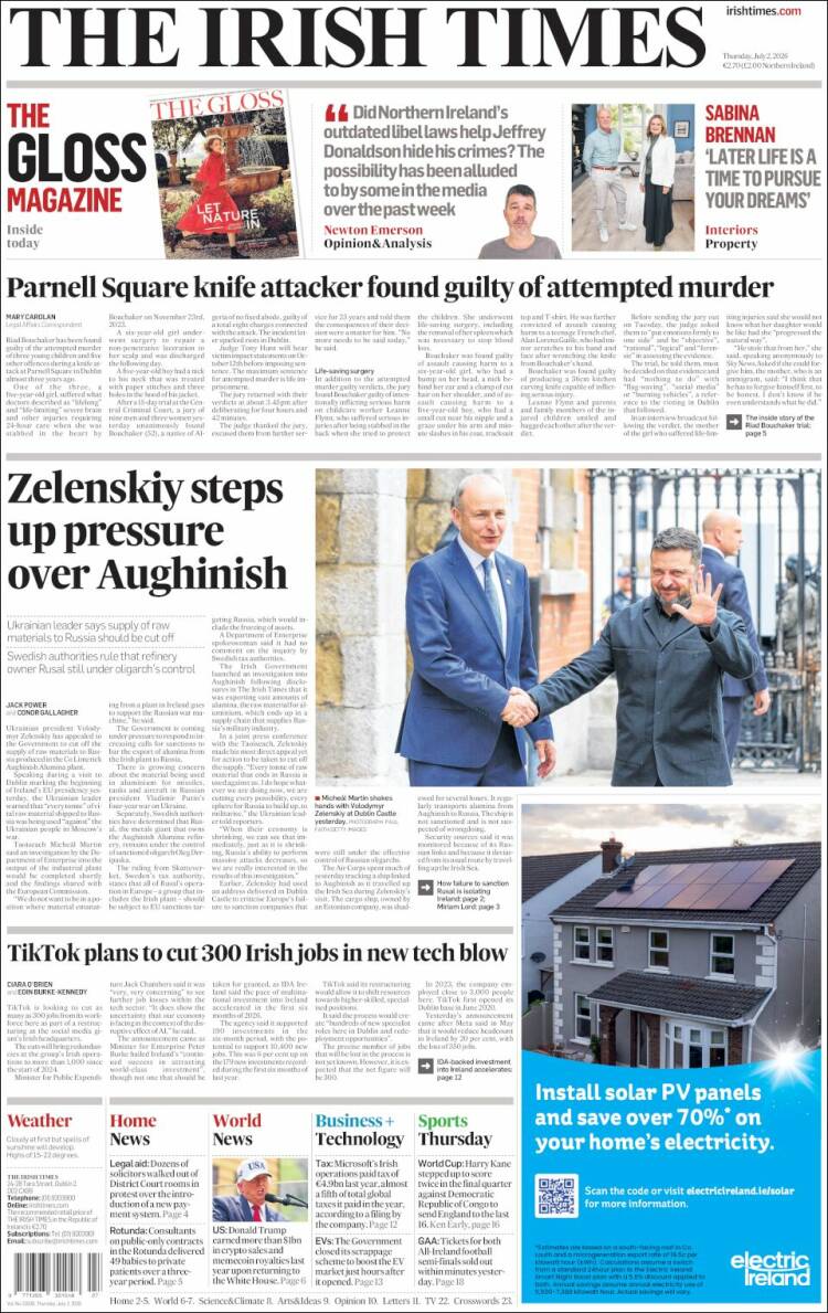 Portada de Irish Times (Irlanda)
