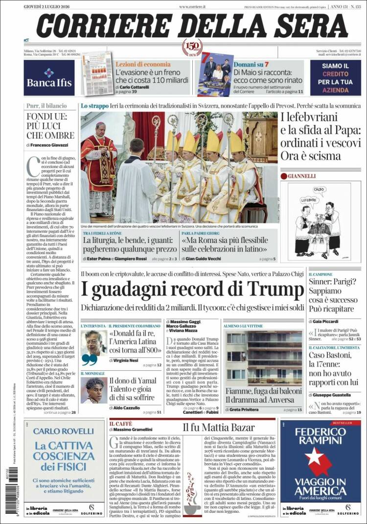 Portada de Corriere della Sera (Italia)