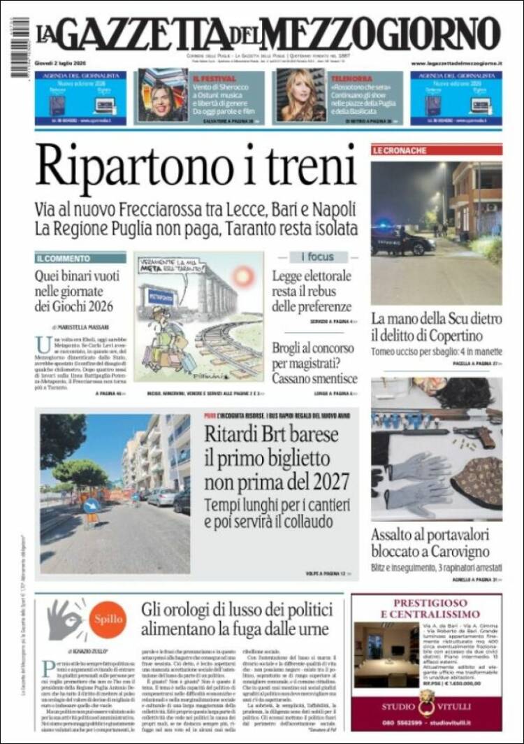 Portada de La Gazzetta del Mezzogiorno (Italia)