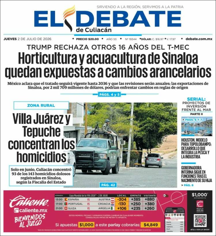 Portada de El Debate de Culiacán (M&eacute;xico)