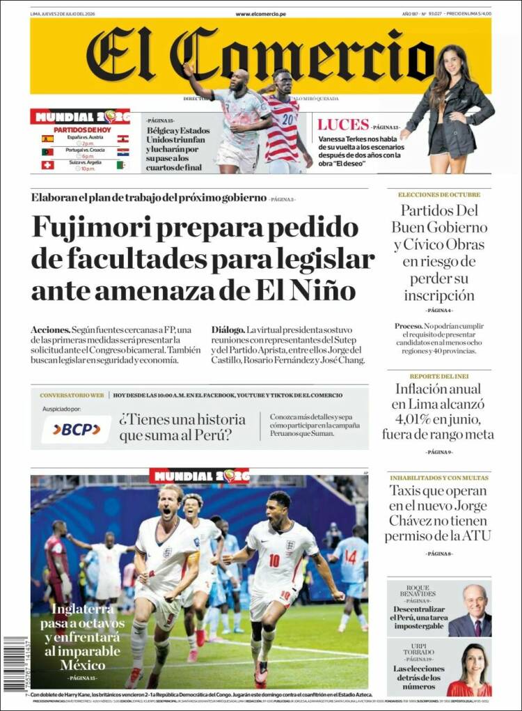 Portada de El Comercio (Per&uacute;)