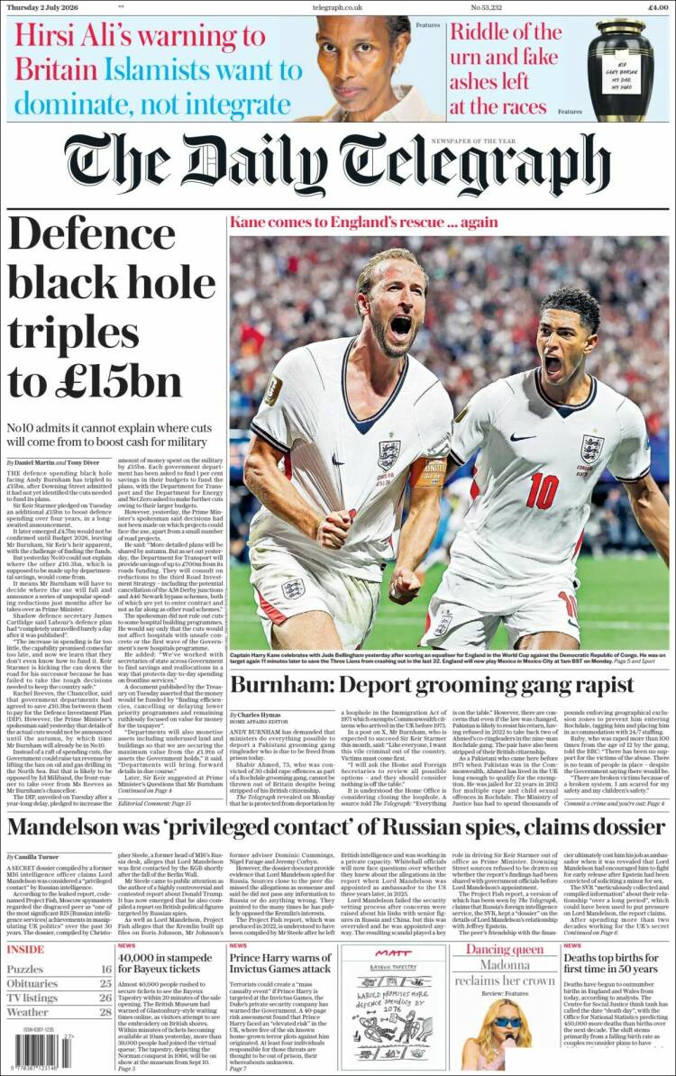 Portada de Daily Telegraph (Reino Unido)