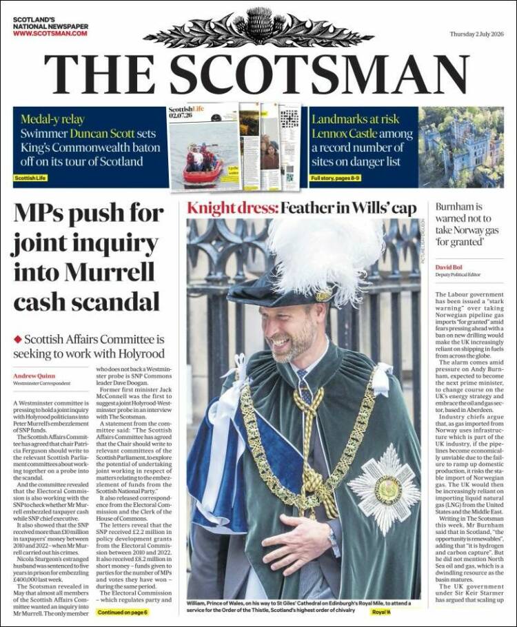 Portada de The Scotsman (Reino Unido)