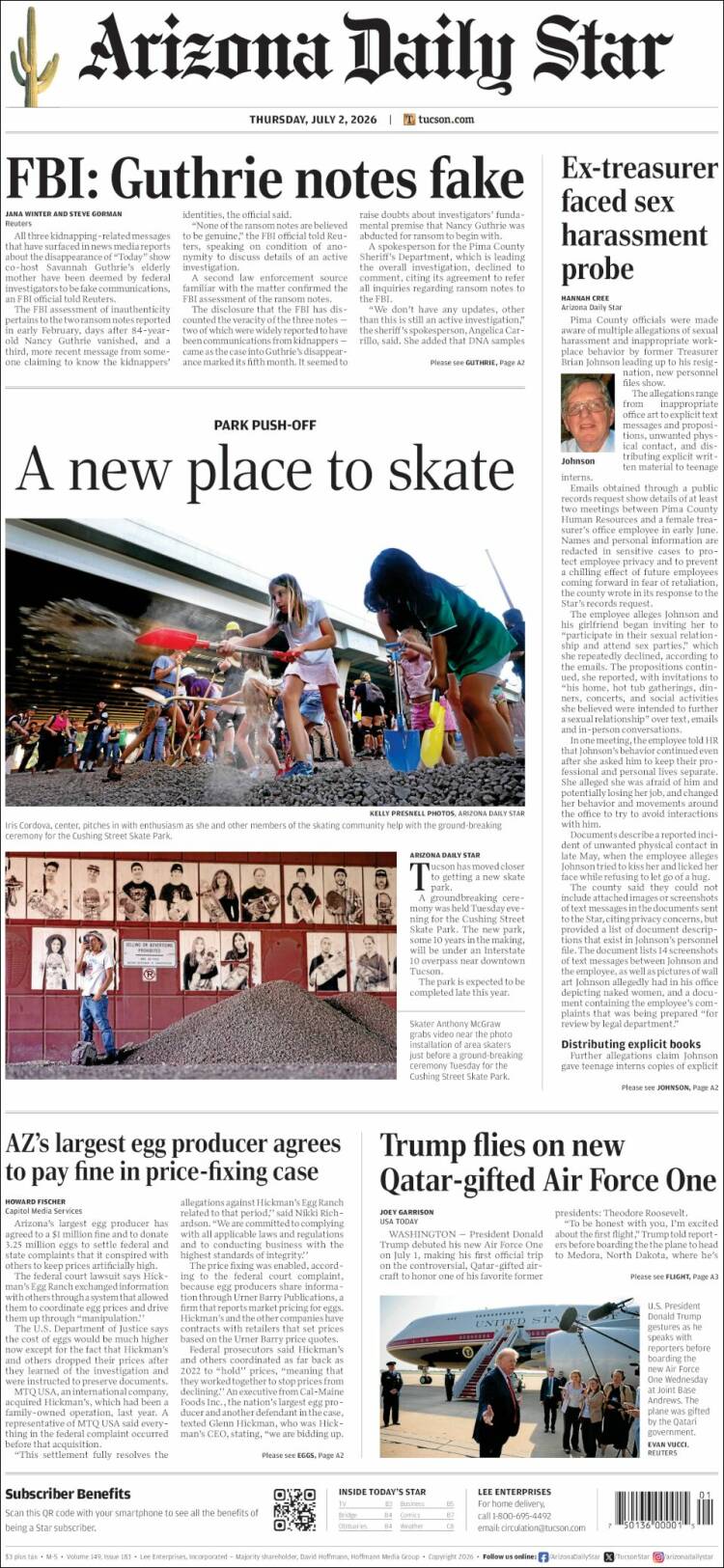 Portada de Arizona Daily Star (&Eacute;tats-Unis)