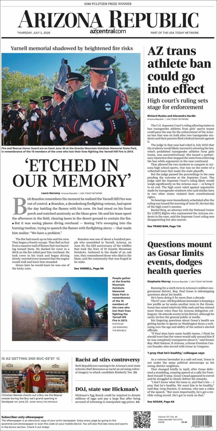 Portada de Arizona Republic News (USA)