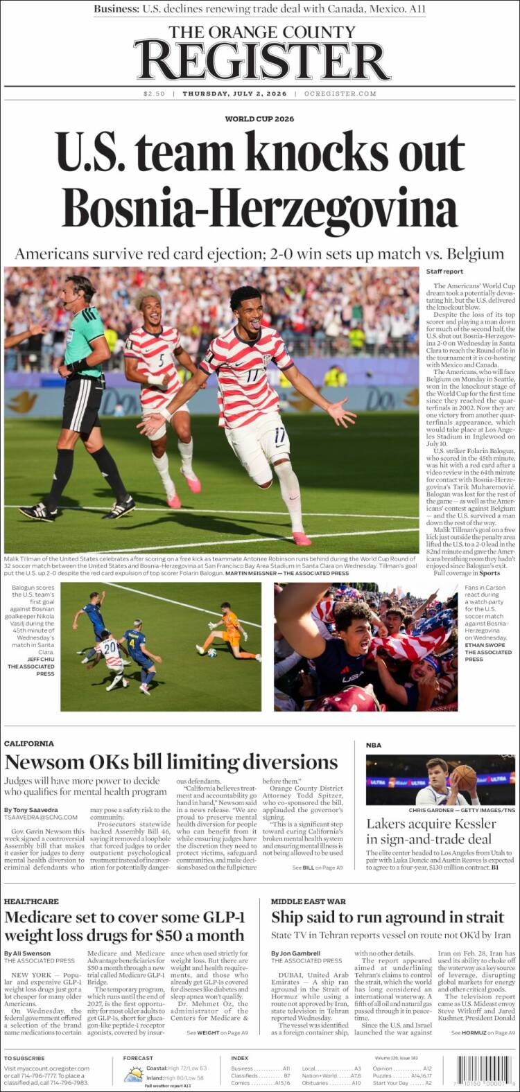 Portada de The Orange County Register (USA)
