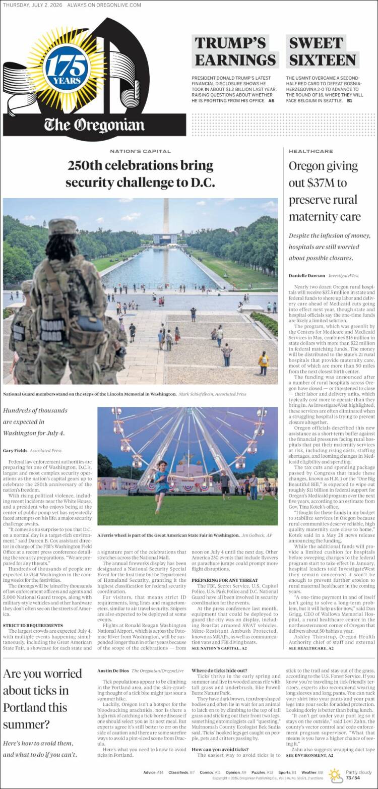 Portada de The Oregonian (USA)