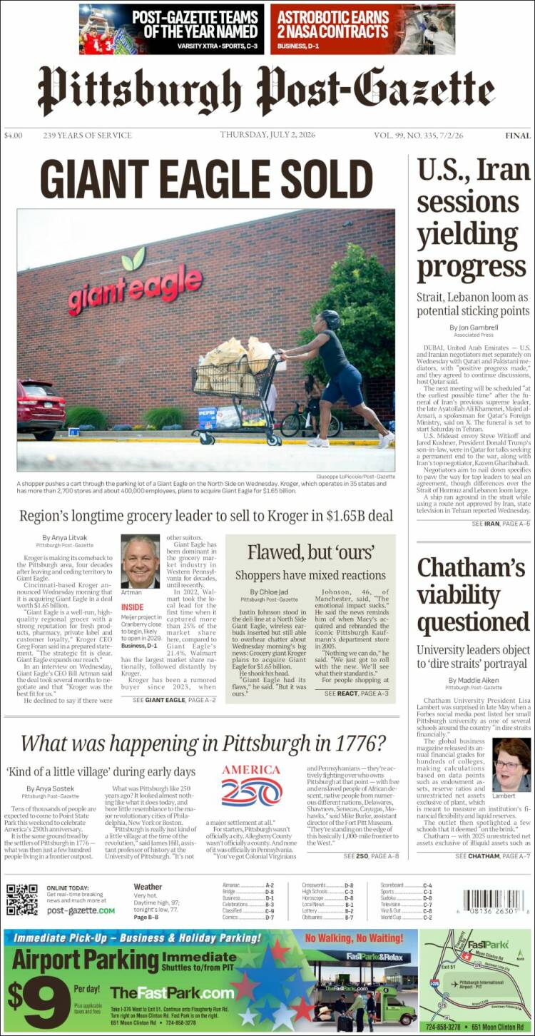 Portada de Pittsburgh Post-Gazette (USA)