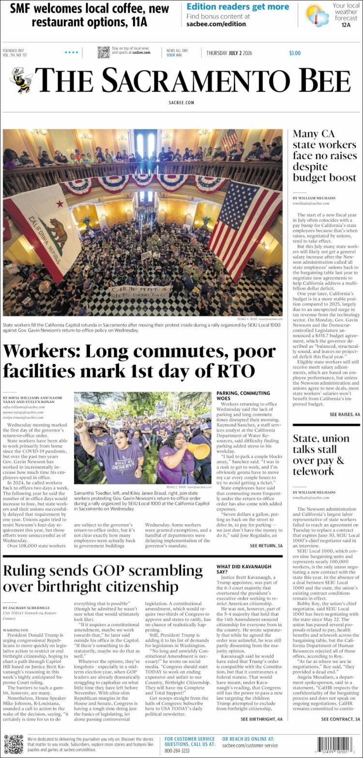 Portada de The Sacramento Bee (USA)