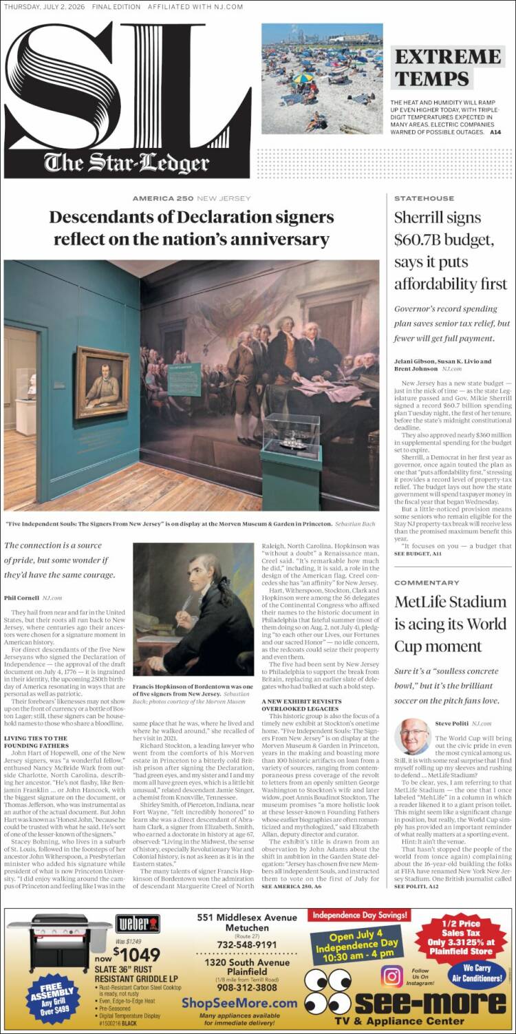 Portada de Star-Ledger (USA)