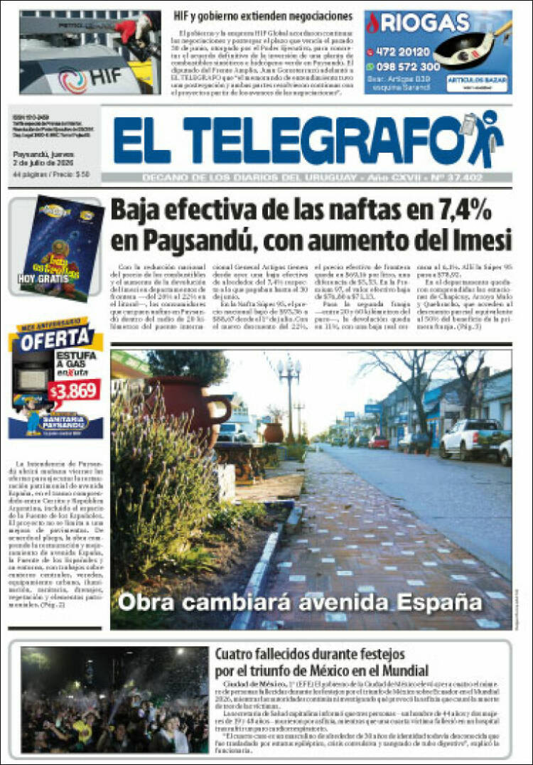 Portada de El Telégrafo (Uruguay)