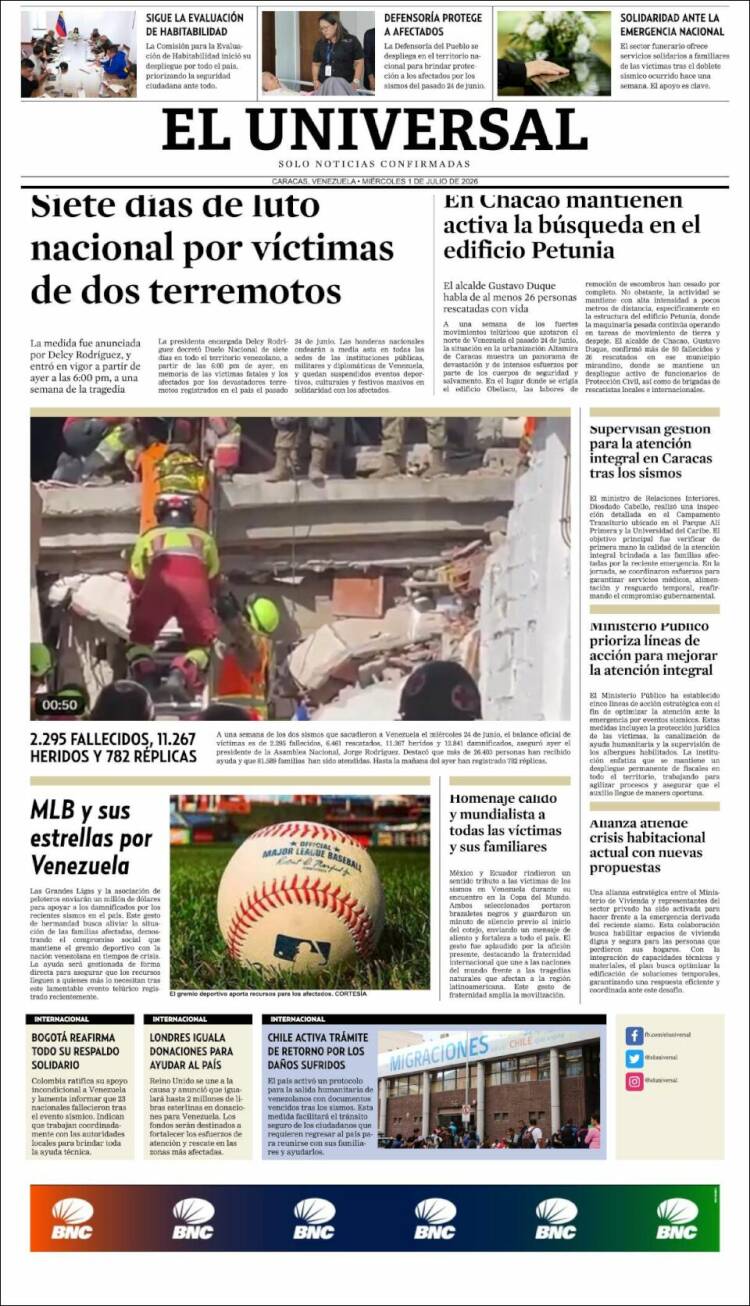 Portada de Universal (Venezuela)