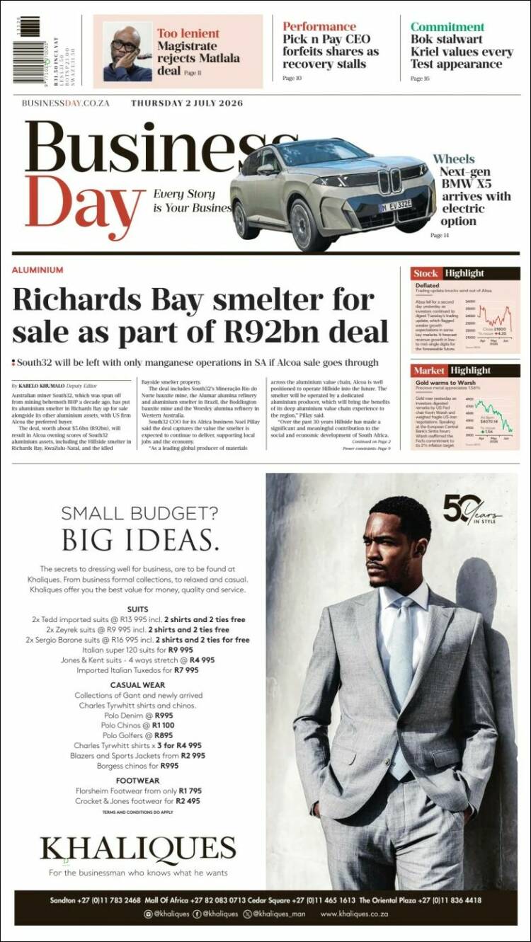 Portada de Business Day (Sud&aacute;frica)