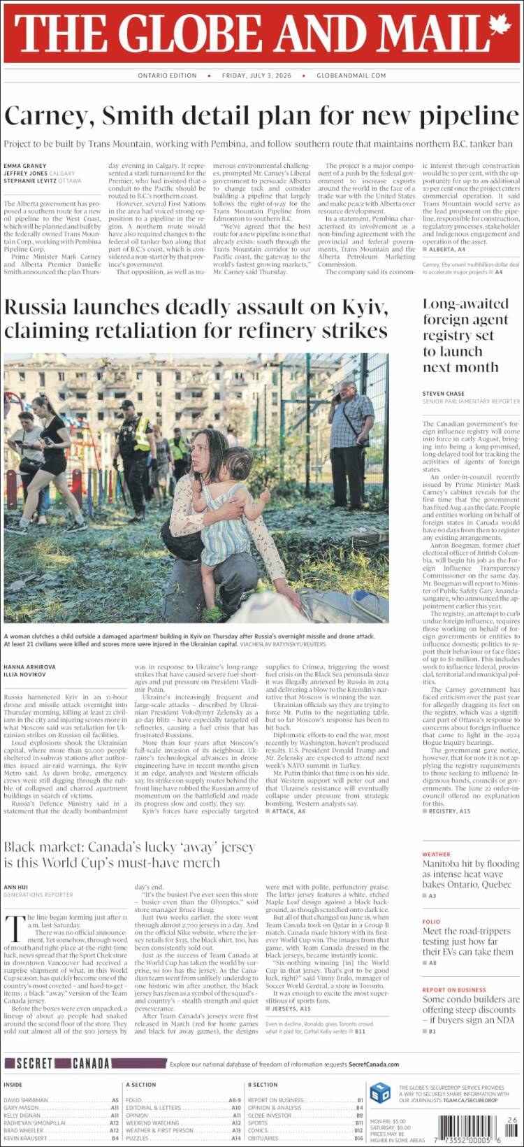 Portada de The Globe and Mail (Canad&aacute;)
