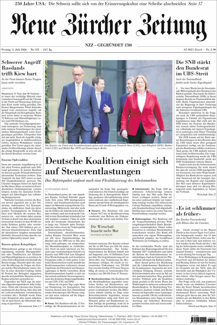 Portada de Neue Zürcher Zeitung (Suiza)