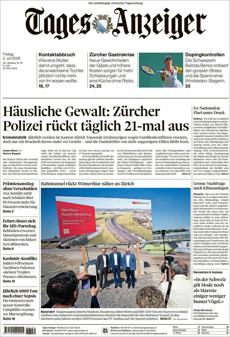 Portada de Tages-Anzeiger (Suiza)