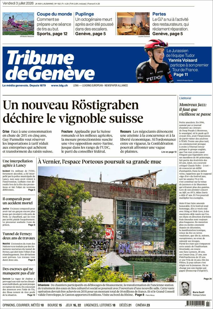Portada de La Tribune de Genève (Suiza)