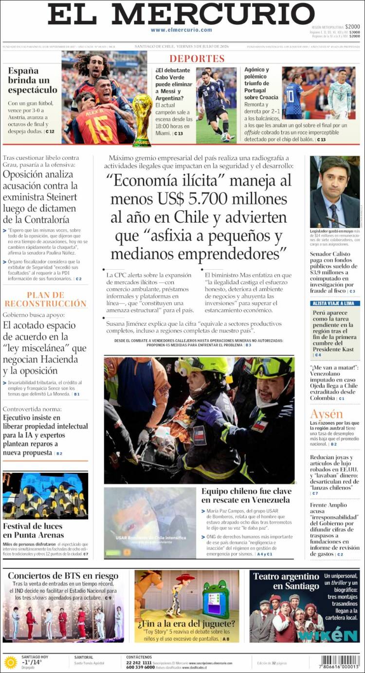 Portada de El Mercurio (Chile)