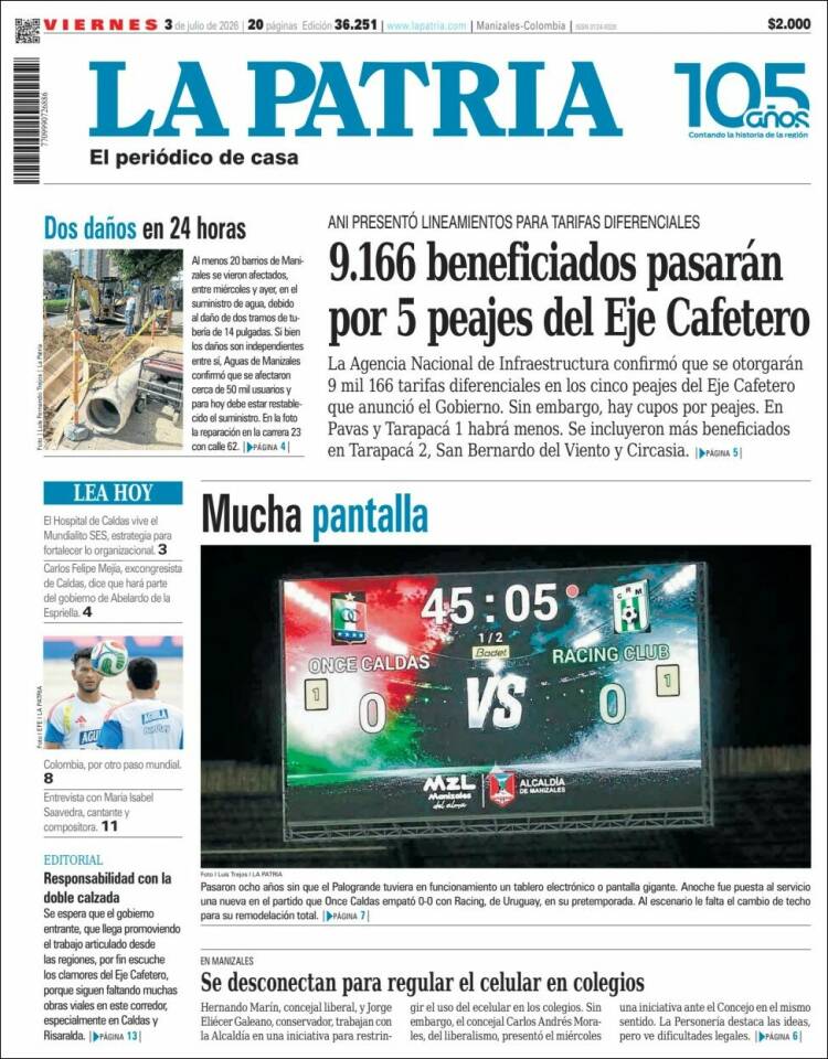 Portada de La Patria (Colombia)