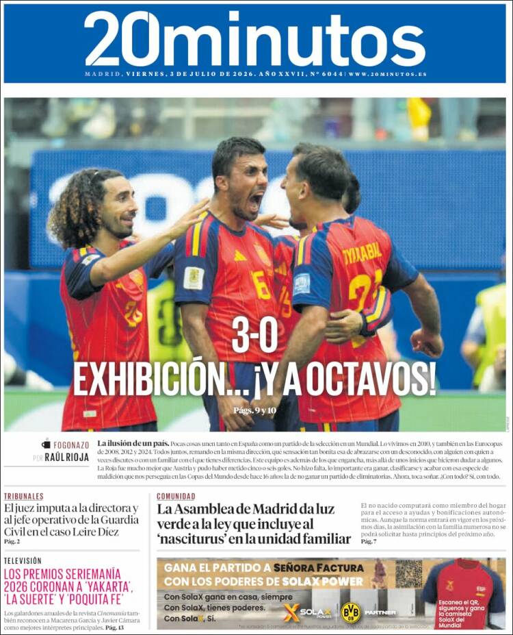 Portada de 20 Minutos - Madrid (Espa&ntilde;a)