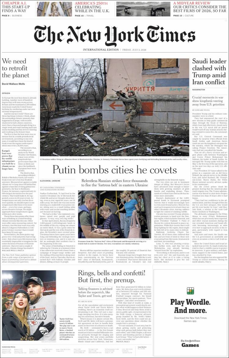 Portada de International New York Times (Europa)