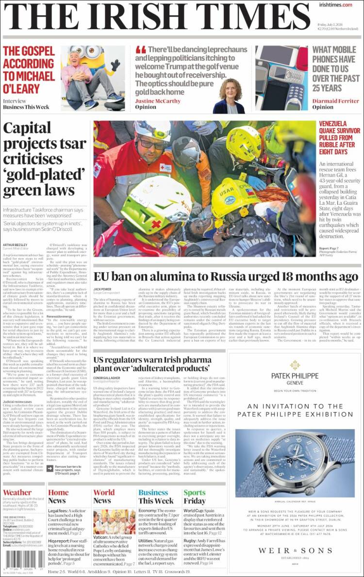 Portada de Irish Times (Irlanda)
