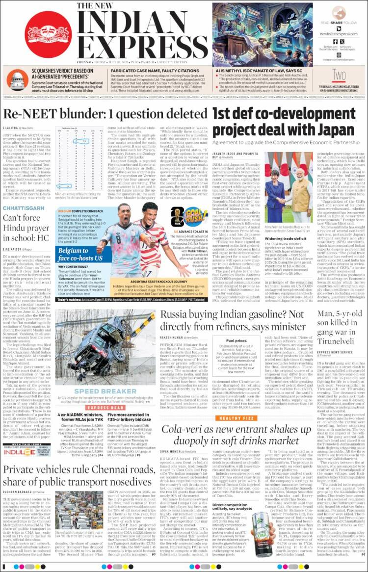 Portada de New Indian Express (India)