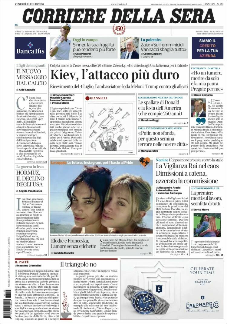 Portada de Corriere della Sera (Italia)