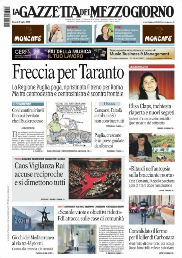 Portada de La Gazzetta del Mezzogiorno (Italia)