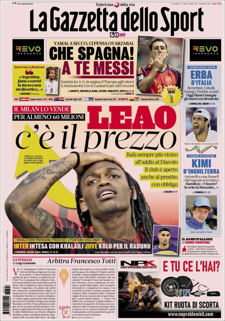 Portada de La Gazzetta dello Sport (Italia)