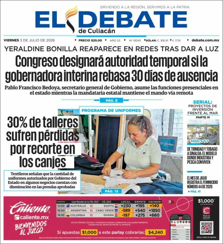 Portada de El Debate de Culiacán (M&eacute;xico)