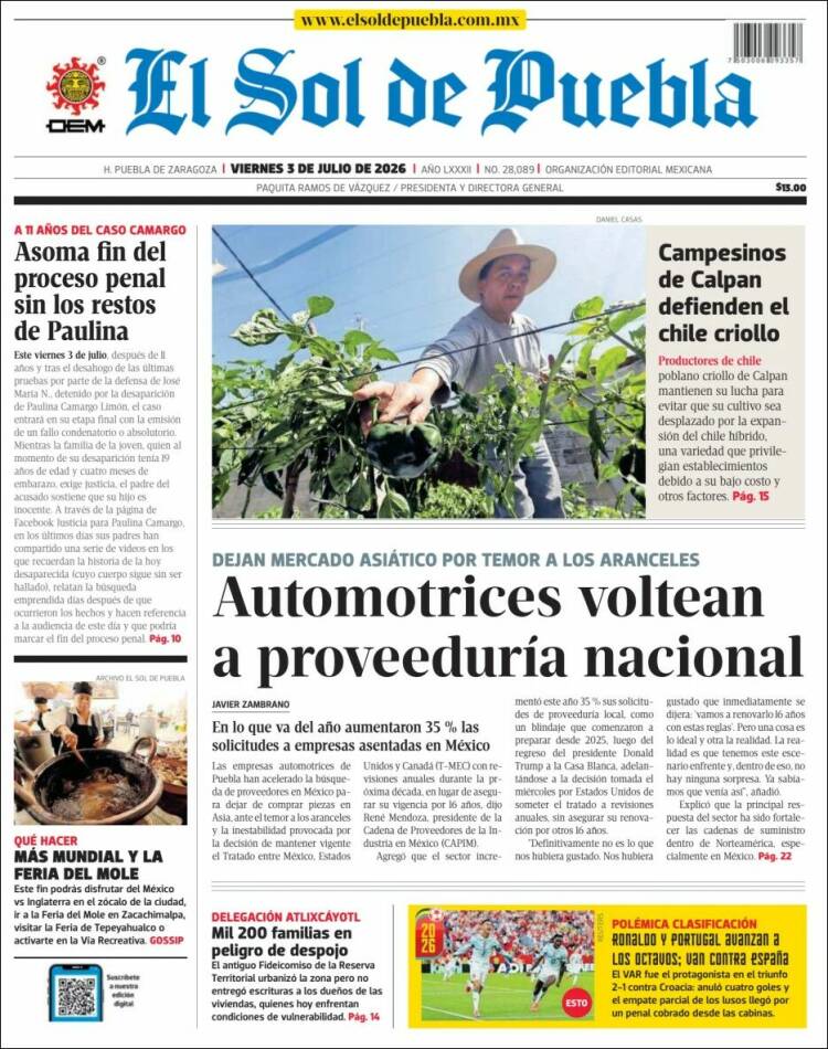 Portada de El Sol de Puebla (M&eacute;xico)