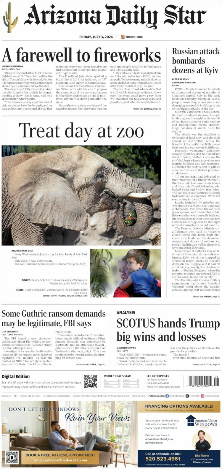 Portada de Arizona Daily Star (USA)